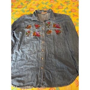 Just My Size Denim Shirt Womens 14W/16W Blue Floral Embroidered Button Down